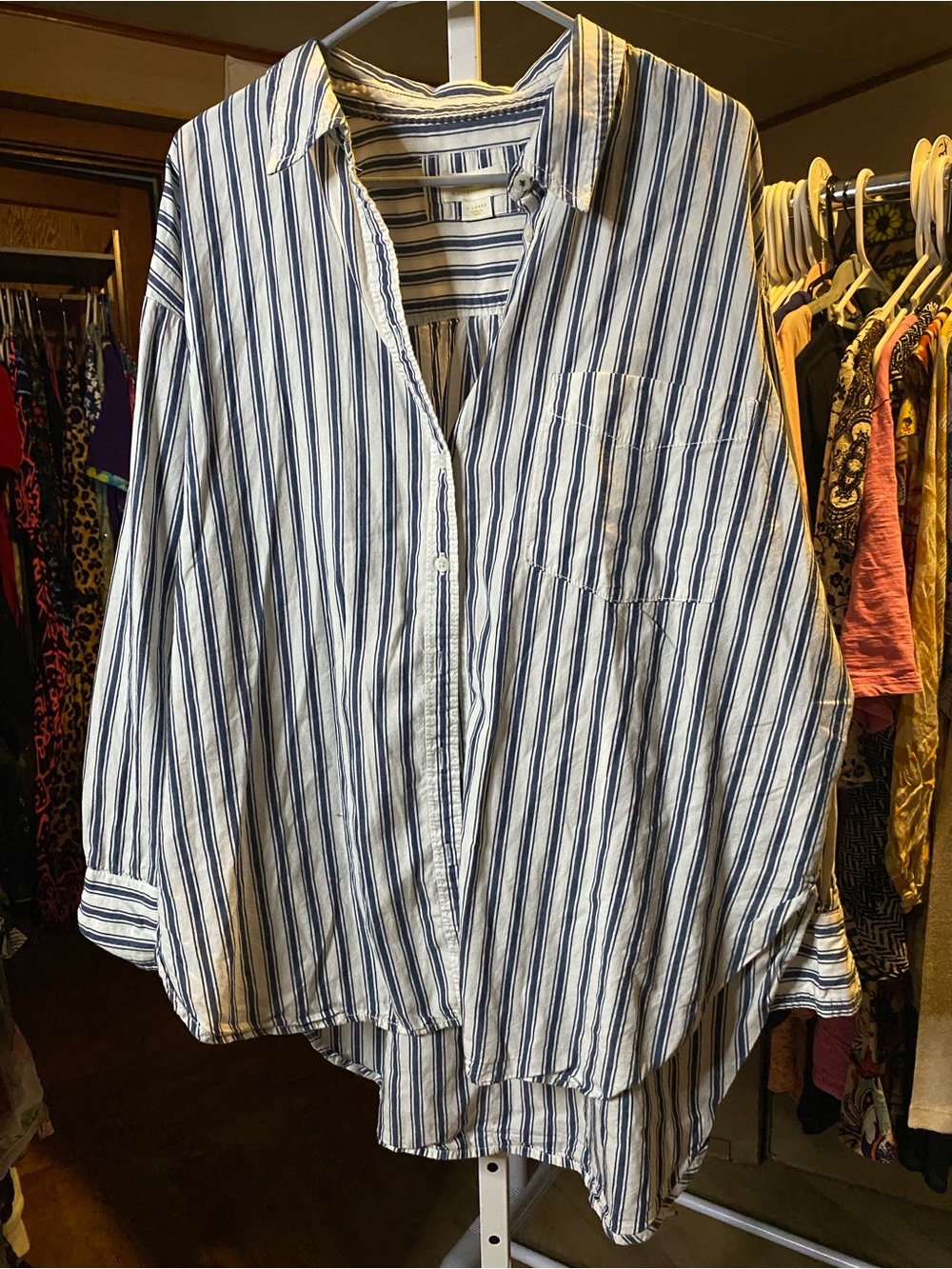 Anthropologie Navy & White Vertical Stripe Button-Down Shirt